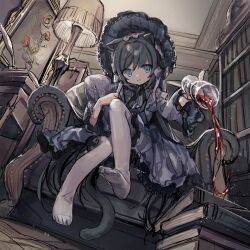 Rule 34 | 1girl, alcohol, animal ears, armchair, blue eyes, bonnet, book, book stack, bookshelf, bow, cat ears, cat tail, chair, cup, dress, drinking glass, feet, frills, grey hair, hair bow, hair intakes, indoors, lamp, lolita fashion, long hair, looking at viewer, neoki ohae, original, painting (object), pantyhose, parted lips, pouring, purple dress, quill, sitting, soles, solo, table, tail, twitter username, very long hair, watermark, white pantyhose, wine, wine glass