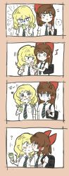 Rule 34 | 2girls, ?, ^^^, alternate costume, anger vein, angry, backpack, bad id, bad pixiv id, bag, blush, bow, brown hair, collared shirt, comic, food, food on face, food theft, hair bow, hakurei reimu, heart, highres, ice cream, kirisame marisa, licking, licking another&#039;s face, long hair, multiple girls, necktie, ovo, school uniform, shirt, shoulder bag, sweat, touhou, translated, turn pale, wavy hair, yuri