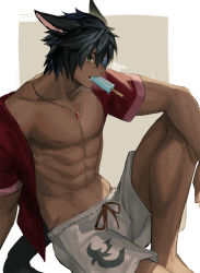 Rule 34 | 1boy, abs, animal ears, arm on knee, warrior of light (ff14), bad id, bad pixiv id, barefoot, black hair, black tail, border, brown background, cat boy, cat ears, cat tail, collarbone, dark-skinned male, dark skin, eyes visible through hair, final fantasy, final fantasy xiv, food, food in mouth, gem, green eyes, hair between eyes, jewelry, knee up, looking at viewer, looking to the side, male focus, miqo&#039;te, mn (zig r14), mouth hold, necklace, nipples, open clothes, open shirt, orange ribbon, outside border, pectorals, popsicle, profile, red shirt, ribbon, scar, scar on face, shirt, short hair, short sleeves, shorts, sideways glance, sitting, solo, tail, teeth hold, toned, toned male, twitter username, white border, white shorts