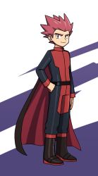 Rule 34 | 1boy, aya (ryou0327), belt, black belt, black cape, black footwear, boots, cape, closed mouth, commentary request, creatures (company), full body, game freak, hand on own hip, jacket, lance (pokemon), long sleeves, looking at viewer, male focus, nintendo, pants, pokemon, pokemon frlg, red hair, short hair, smile, solo, spiked hair, standing, two-tone background