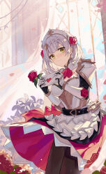 Rule 34 | 1girl, absurdres, apron, black pantyhose, blush, braid, breasts, cleavage, closed mouth, clothes lift, flower, gauntlets, genshin impact, gloves, green eyes, grey gloves, hair behind ear, hair flower, hair ornament, highres, letter, light smile, looking at viewer, love letter, maid apron, maid headdress, medium breasts, metal gloves, noelle (genshin impact), pantyhose, red flower, red skirt, short hair, skirt, skirt lift, smile, solo, yajuu