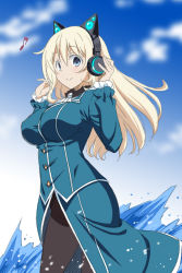 Rule 34 | 10s, 1girl, animal ear headphones, atago (kancolle), axent wear, blonde hair, blue eyes, breasts, cat ear headphones, cloud, day, fake animal ears, headphones, kantai collection, large breasts, marugoshi teppei, musical note, pantyhose, quaver, skirt, sky, smile, solo, water