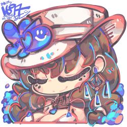 Rule 34 | 1girl, bikini, breasts, brown hair, chibi, closed eyes, closed mouth, collar, dated, earrings, goddess of victory: nikke, hat, jewelry, jrpencil, large breasts, long hair, mary (bay goddess) (nikke), mary (nikke), official alternate costume, signature, smile, solo, sun hat, swimsuit, white bikini, white hat