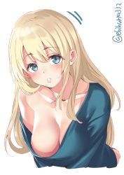 Rule 34 | 1girl, alternate costume, atago (kancolle), blonde hair, blue eyes, blue shirt, blush, breasts, downblouse, ebifurya, hair between eyes, hanging breasts, highres, kantai collection, large breasts, long hair, looking at viewer, no bra, open mouth, shirt, simple background, solo, twitter username, white background