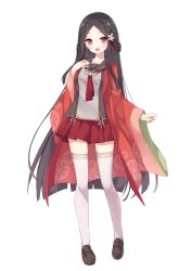 Rule 34 | 1girl, :d, absurdres, black footwear, black hair, black sailor collar, blush, breasts, collarbone, commentary request, flower, forehead, full body, grey shirt, hair flower, hair ornament, hand up, highres, hoshi (snacherubi), loafers, long hair, long sleeves, looking at viewer, official art, onogawa komachi, onsen musume, open clothes, open mouth, parted bangs, pleated skirt, purple eyes, red neckwear, red skirt, sailor collar, school uniform, serafuku, shirt, shoes, simple background, skirt, small breasts, smile, solo, standing, thighhighs, very long hair, white background, white flower, white thighhighs, wide sleeves