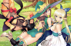 Rule 34 | 3girls, :d, absurdres, arm up, armor, ass, back, back cutout, bare shoulders, beatrice irma, belt, black hair, blonde hair, blue eyes, blush, boots, breasts, brown hair, butterfly hair ornament, cleavage, clothing cutout, covered navel, dark-skinned female, dark skin, detached sleeves, dress, earrings, frills, from above, from behind, grass, greaves, hair between eyes, hair ornament, hairband, halterneck, hand on own head, hat, high heel boots, high heels, highleg, highleg leotard, highres, jewelry, kirika towa alma, leg ribbon, leotard, light smile, long hair, long pointy ears, looking at viewer, looking back, low twintails, lying, multiple girls, obi, official art, on back, on ground, on stomach, open mouth, outdoors, pointy ears, ponytail, ribbon, rinna mayfield, sash, scan, scrunchie, shining (series), shining resonance, short dress, side slit, sideboob, sidelocks, skirt, smile, thigh boots, thigh ribbon, thighhighs, tony taka, tree, twintails, very long hair, wide sleeves, witch hat
