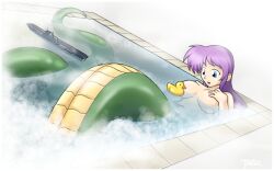 Rule 34 | bathing, bathtub, blazbaros, blue eyes, bubble, covering breasts, covering privates, lamia, monster girl, nude, purple hair, rubber duck, ship, smile, steam, watercraft