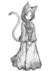 Rule 34 | 1girl, animal ears, cat ears, cat tail, flower, greyscale, hair flower, hair ornament, haruakira rika, highres, japanese clothes, kimono, long hair, looking at viewer, minaha (playjoe2005), monochrome, original, own hands together, simple background, sketch, smile, tail, traditional clothes, traditional media, white background