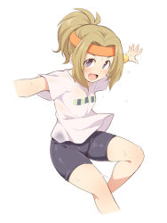 Rule 34 | 1girl, :d, bad id, bad pixiv id, bike shorts, black shorts, blush, breasts, brown hair, cropped legs, grey eyes, headband, idolmaster, idolmaster cinderella girls, looking at viewer, manabe itsuki, open mouth, orange headband, outstretched arms, parted bangs, ponytail, see-through, shirt, short shorts, short sleeves, shorts, simple background, small breasts, smile, solo, spread arms, sweat, sweatband, uccow, wet, wet clothes, wet shirt, white background, white shirt, wristband