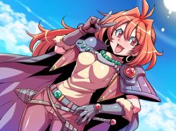 Rule 34 | 1girl, :d, armor, breasts, cape, earrings, fang, gloves, headband, jewelry, lina inverse, long hair, looking at viewer, medium breasts, open mouth, orange hair, red eyes, shoulder armor, slayers, smile, solo, tukiwani, v