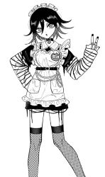 Rule 34 | 1boy, alternate costume, apron, character name, choker, danganronpa (series), danganronpa v3: killing harmony, dress, feet out of frame, fishnet thighhighs, fishnets, frilled apron, frills, greyscale, hair between eyes, hand on own hip, hand up, inochi memo (oosawagidays), jewelry, long sleeves, looking at viewer, maid, maid apron, maid headdress, male focus, monochrome, nail polish, name tag, o-ring, o-ring choker, oma kokichi, open mouth, ring, shirt, short hair, simple background, solo, standing, striped clothes, striped shirt, thighhighs, unconventional maid, w, white background
