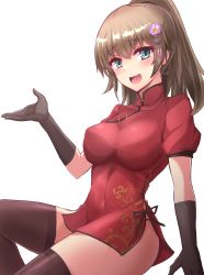Rule 34 | 1girl, absurdres, black gloves, black ribbon, blue eyes, blush, breasts, brown hair, character request, china dress, chinese clothes, commentary request, copyright request, dress, flower, gloves, hair between eyes, hair flower, hair ornament, highres, kihou no gotoku dmc, large breasts, long hair, looking at viewer, navel, open mouth, ponytail, red dress, ribbon, short dress, short sleeves, simple background, solo, thighhighs, white background