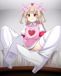 Rule 34 | 1girl, apron, blush, boots, commentary request, hat, heart, heart print, highres, indoors, light brown hair, long hair, looking at viewer, natori sana, nurse, nurse cap, on bed, panties, pink apron, pink hat, pink panties, puffy short sleeves, puffy sleeves, red eyes, safety pin, sana channel, shirt, shoe soles, short sleeves, smile, solo, thigh boots, tori (minamopa), two side up, underwear, virtual youtuber, wavy mouth, white footwear, white shirt