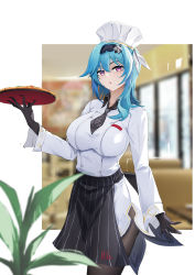 Rule 34 | 1girl, apron, bad id, bad pixiv id, baige0, black apron, black gloves, black hairband, black necktie, black pantyhose, blue hair, blurry, blurry background, breasts, chef, chef hat, eula (genshin impact), eula (pizza hut) (genshin impact), food, genshin impact, gloves, hairband, hat, highres, holding, holding plate, large breasts, long sleeves, looking at viewer, medium hair, necktie, pantyhose, pizza, plate, solo, standing, striped apron, striped clothes, waist apron, white headwear