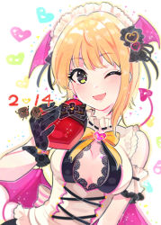 Rule 34 | 1girl, absurdres, arm garter, asymmetrical hair, bat wings, black gloves, blonde hair, blush, box, breasts, chocolate, cleavage cutout, clothing cutout, cross-laced clothes, dated, demon tail, frills, gift, gift box, gloves, green eyes, happy birthday, head wings, headdress, heart, heart-shaped box, highres, idolmaster, idolmaster cinderella girls, idolmaster cinderella girls starlight stage, looking at viewer, medium breasts, miyamoto frederica, neck ribbon, one eye closed, open mouth, ribbon, short hair, sleeveless, smile, solo, sparkle, tail, wenquangua, wings, yellow ribbon