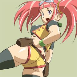 Rule 34 | 00s, 1girl, artist request, ass, black thighhighs, breasts, dinosaur king, goggles, green background, hand on own hip, hinokawa jun, large breasts, long hair, midriff, open mouth, pink hair, purple eyes, sideboob, simple background, smile, solo, source request, tatsuno malm, thighhighs, thighs, tongue, torso grab, twintails, wristband