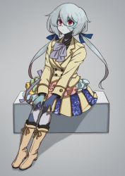 Rule 34 | 1girl, blue skin, boots, closed mouth, colored skin, full body, grey background, grey hair, hair ribbon, hands on own knees, highres, jacket, konno junko, long hair, long sleeves, medium skirt, red eyes, ribbon, simple background, sitting, skirt, solo, somasoutaro, stitched face, stitches, twintails, zombie land saga