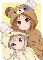 Rule 34 | 10s, 2girls, animal hood, bandages, bear hood, boko (girls und panzer), character name, closed mouth, commentary request, dutch angle, frown, girls und panzer, highres, hood, light brown hair, looking at viewer, multiple girls, nishizumi miho, onesie, open mouth, pajamas, ruruepa, shimada arisu, short hair, upper body, v-shaped eyebrows, zipper, zipper pull tab