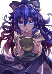 Rule 34 | 1girl, bangle, blue bow, blue eyes, blue hair, blue skirt, bow, bowl, bracelet, debt, e.o., expressionless, grey hoodie, hair between eyes, hair bow, highres, holding, holding bowl, hood, hoodie, jewelry, long hair, messy hair, parted lips, short sleeves, simple background, skirt, solo, touhou, very long hair, white background, yorigami shion