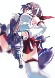 Rule 34 | 1girl, black neckerchief, breasts, brown hair, commentary, cowboy shot, detached sleeves, frown, hair between eyes, hairband, holding, holding weapon, kantai collection, looking at viewer, looking down, machinery, natori (kancolle), neckerchief, red eyes, red ribbon, red sailor collar, red skirt, ribbon, ribbon-trimmed sleeves, ribbon trim, rigging, sagamiso, sailor collar, school uniform, serafuku, shaded face, shide, short hair, simple background, skirt, solo, strap, thighhighs, turret, weapon, white background, white hairband, white thighhighs