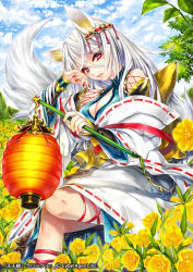 Rule 34 | 1girl, animal ears, bad id, bad pixiv id, breasts, cleavage, company name, copyright name, detached sleeves, field, flower, flower field, fox ears, fox tail, hair ornament, holding, japanese clothes, lampion, long hair, looking at viewer, lying, official art, original, red eyes, renta (deja-vu), silver hair, solo, tail, tenka touitsu chronicle