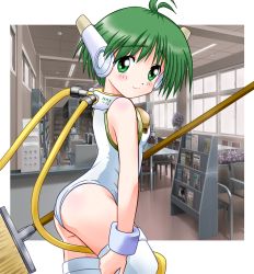 Rule 34 | 1girl, antenna hair, ass, bare shoulders, bouquet, cable, character name, cowboy shot, day, flower, from side, green eyes, green hair, halterneck, highres, indoors, leotard, matching hair/eyes, mop, multi (to heart), outside border, photo background, robot ears, rokushaku neko, school, short hair, solo, standing, thighhighs, to heart, to heart (series), tube, white thighhighs