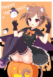 Rule 34 | 1girl, :d, ahoge, animal, animal ear fluff, animal ears, bat (animal), bat hair ornament, black cape, black dress, black gloves, black hat, blush, breasts, brown hair, building, cape, cat ears, cat girl, cat tail, commentary request, copyright request, cross, damaged, dress, fang, frilled dress, frilled thighhighs, frills, ghost, gloves, hair ornament, halloween, hands up, hat, highres, jack-o&#039;-lantern, jack-o&#039;-lantern hair ornament, latin cross, looking at viewer, mary janes, multicolored cape, multicolored clothes, open mouth, panties, pink panties, pinstripe pattern, purple cape, purple footwear, purple thighhighs, red eyes, shoes, sidelocks, sitting, small breasts, smile, solo, striped clothes, striped thighhighs, tail, thighhighs, underwear, vertical-striped clothes, vertical-striped thighhighs, witch hat, xiaosamiao