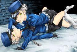 Rule 34 | 10s, 2girls, albino, armband, belt, black gloves, black shorts, blue shirt, braid, caroline (persona 5), clothes writing, double bun, eyepatch, girl on top, gloves, hair bun, hat, highres, justine (persona 5), long hair, looking at viewer, lying, multiple girls, necktie, on back, parted lips, peaked cap, persona, persona 5, sereneandsilent, shirt, short hair, shorts, siblings, single hair bun, sisters, twins, uniform, yellow eyes