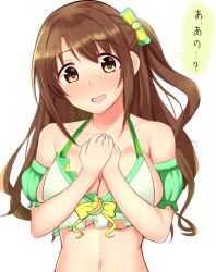 Rule 34 | 10s, 1girl, alternate costume, bare shoulders, blush, breasts, brown eyes, brown hair, cleavage, commentary request, idolmaster, idolmaster cinderella girls, large breasts, long hair, looking at viewer, navel, one side up, shimamura uzuki, side ponytail, solo, suzutarou gunsou, swimsuit, translated, upper body