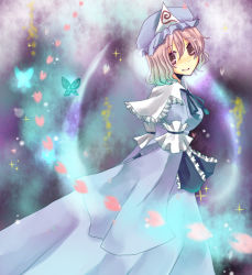 Rule 34 | 1girl, bug, butterfly, dress, female focus, gradient background, hat, insect, pink eyes, pink hair, saigyouji yuyuko, solo, suzumura tomo, touhou
