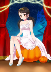 Rule 34 | 1girl, arm at side, armpits, bare shoulders, black hair, breasts, brown eyes, collarbone, curtains, diadem, dress, eyelashes, feet, female focus, fingernails, floral dress, full body, gloves, hand on own knee, happy, high heels, idol, idolmaster, idolmaster cinderella girls, legs, long dress, long hair, long twintails, looking at viewer, low twintails, nakano yuka, namco, neck, no bra, pumpkin, shinkai kiiro, shiny clothes, shiny skin, side bangs, sidelocks, sitting, small breasts, smile, stage, strapless, strapless dress, tiara, tiptoes, toe cleavage, twintails, wedding dress, white gloves