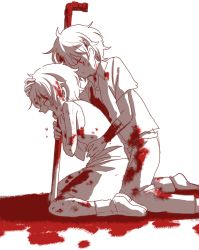 Rule 34 | .flow, 1boy, 1girl, blood, closed eyes, comforting, crying, full body, hand on another&#039;s head, highres, kneeling, lead pipe, monochrome, sabitsuki, school uniform, short hair, sleeveless, sleeveless turtleneck, smile (.flow), spot color, tears, turtleneck