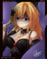 Rule 34 | 1girl, altea aquila (jain no ikenie), black dress, blonde hair, blush, breasts, character name, cleavage, copyright name, dress, empty eyes, evil smile, flower, grin, hair flower, hair ornament, hand in own hair, isalakapoii, jain no ikenie, jewelry, long hair, looking at viewer, pendant, shaded face, signature, smile, teeth, twitter username