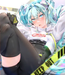 Rule 34 | 1girl, absurdres, asymmetrical bodysuit, black bodysuit, blue eyes, blue hair, blush, bodysuit, boots, caution tape, crop top, cropped jacket, crossed legs, eyelashes, flame print, goodsmile racing, hatsune miku, highres, keep out, long hair, looking at viewer, open mouth, racing miku, racing miku (2022), single thigh boot, single thighhigh, skindentation, thigh boots, thighhighs, thighs, twintails, two-tone gloves, vocaloid, yusha (lv1 yusha 522)