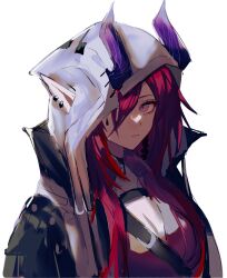 Rule 34 | 1girl, anpoai, arknights, ascalon (arknights), black choker, black jacket, chinese commentary, choker, closed mouth, commentary request, demon girl, demon horns, ear piercing, ears through hood, expressionless, hair over one eye, highres, hood, hood up, hooded jacket, horns, horns through hood, jacket, lips, looking at viewer, one eye covered, piercing, pointy ears, purple eyes, purple hair, purple shirt, shirt, simple background, sketch, solo, teardrop facial mark, upper body, white background, white hood