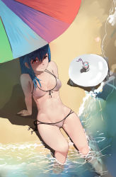 Rule 34 | 1girl, absurdres, arm support, beach, bendy straw, bikini, blue hair, breasts, cleavage, day, drinking straw, front-tie top, grain, groin, groin tendon, highres, hip focus, long hair, medium breasts, ocean, original, outdoors, painttool sai, partially submerged, red eyes, side-tie bikini bottom, sitting, sketch, solo, swimsuit, table, thighs, water