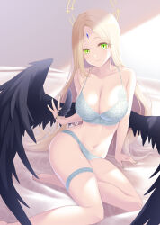 Rule 34 | 1girl, ayumu (blue archive), barefoot, black wings, blonde hair, blue archive, blue bra, blue panties, bra, breasts, cleavage, closed mouth, collarbone, feathered wings, feathers, green eyes, halo, highres, large breasts, long hair, looking at viewer, midorino eni, navel, panties, parted bangs, smile, solo, underwear, underwear only, wings, yellow halo