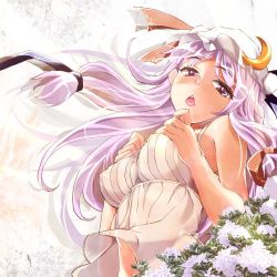 Rule 34 | 1girl, alternate costume, bare shoulders, bow, breasts, crescent, covered erect nipples, female focus, flower, from below, hair bow, haruhina purple, hat, hydrangea, large breasts, long hair, open mouth, patchouli knowledge, purple hair, solo, touhou, upper body