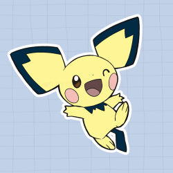 Rule 34 | ;d, commentary, creatures (company), full body, game freak, gen 2 pokemon, grey background, grid background, happy, kelvin-trainerk, nintendo, no humans, one eye closed, open mouth, outline, pichu, pokemon, pokemon (creature), smile, solo, tongue, twitter username, watermark