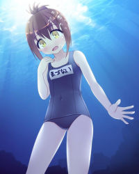 Rule 34 | 10s, 1girl, air bubble, bad id, bad pixiv id, bare legs, breath, brown hair, bubble, covered navel, folded ponytail, hair ornament, hairclip, inazuma (kancolle), kantai collection, long hair, name tag, one-piece swimsuit, open mouth, personification, school swimsuit, solo, swimsuit, totokichi, underwater, yellow eyes