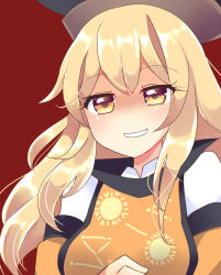 Rule 34 | 1girl, blonde hair, blush, closed mouth, hair between eyes, hat, long hair, looking to the side, matara okina, ougi hina, red background, simple background, smile, smug, solo, teeth, touhou, upper body