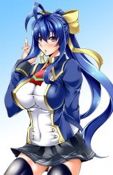 Rule 34 | 1girl, antenna hair, arm behind back, arm up, bad id, bad twitter id, black thighhighs, blazblue, blazblue remix heart, blue hair, blush, bow, breasts, covered erect nipples, covered navel, cowboy shot, fingernails, genderswap, genderswap (mtf), gluteal fold, hair between eyes, hair bow, hand in own hair, impossible clothes, impossible shirt, kanten, large breasts, lips, long fingernails, long hair, long sleeves, looking at viewer, mai natsume, nail polish, necktie, ponytail, red eyes, red necktie, ribbon, school uniform, shirt, sidelocks, simple background, skin tight, skirt, smile, solo, thighhighs, very long hair, yellow bow, zettai ryouiki