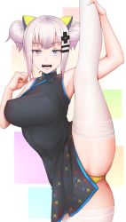 Rule 34 | 1girl, :d, alternate costume, alternate hairstyle, black dress, blue eyes, breasts, china dress, chinese clothes, covered erect nipples, dress, flexible, ginhaha, hair bun, hair ornament, heart, heart-shaped pupils, kaguya luna, large breasts, leg up, looking at viewer, open mouth, panties, partially visible vulva, silver hair, single hair bun, smile, solo, split, standing, standing on one leg, standing split, symbol-shaped pupils, the moon studio, thighhighs, underwear, virtual youtuber, white thighhighs, yellow panties