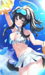 Rule 34 | 1girl, absurdres, animal ears, arm up, bare arms, bare shoulders, black hair, blue archive, blue eyes, blue skirt, blue sky, blush, breasts, cheerleader, cleavage, collarbone, confetti, cowboy shot, crop top, day, dog ears, dog girl, dog tail, eyewear on head, facial mark, goggles, goggles on head, halo, hibiki (blue archive), hibiki (cheer squad) (blue archive), highres, holding, holding pom poms, large breasts, long hair, looking at viewer, mihasu, millennium cheerleader outfit (blue archive), miniskirt, navel, open mouth, panties, pleated skirt, pom pom (cheerleading), pom poms, sidelocks, skirt, sky, solo, standing, star (symbol), star facial mark, stomach, sweat, tail, thighs, underwear, white panties, white skirt