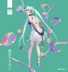 Rule 34 | 1girl, aqua hair, arms behind back, artist name, bare shoulders, blush, character name, choker, commentary, elbow gloves, foilwoodman, from behind, gloves, green background, hatsune miku, headphones, highres, holding, holding shoes, long hair, looking back, musical note, red eyes, shoes, simple background, single shoe, solo, twintails, vocaloid