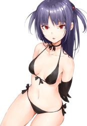 Rule 34 | 1girl, arms behind back, bare shoulders, bikini, black bikini, black gloves, breasts, choker, collarbone, cowboy shot, elbow gloves, fang, gloves, halterneck, long hair, looking at viewer, maeda risou, navel, parted lips, purple hair, red eyes, ribbon choker, side-tie bikini bottom, simple background, sitting, slit pupils, small breasts, solo, swimsuit, two side up, white background