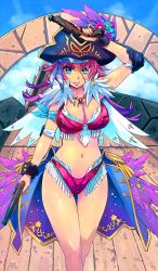 Rule 34 | 10s, 1girl, absurdres, bandana, bikini, blue eyes, breasts, cleavage, earrings, fate/extra, fate/grand order, fate (series), flower, francis drake (fate), francis drake (pirates party!) (fate), gun, handgun, hat, highres, jewelry, large breasts, lips, matsumoto noriyuki, navel, necklace, pink hair, pirate hat, pistol, resized, scar, sleeve cuffs, smile, solo, swimsuit, upscaled, waifu2x, weapon