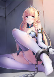 Rule 34 | 1girl, ankle cuffs, blonde hair, blue eyes, blunt bangs, bound, bound ankles, bound wrists, breasts, chain, cuffs, dress, drill hair, elbow gloves, frown, gloves, highres, indoors, irohara, long hair, medium breasts, original, panties, pantyshot, restrained, shackles, sitting, solo, sweat, tears, thighhighs, tiara, torn clothes, torn dress, torn thighhighs, twin drills, underwear, very long hair, white gloves, white panties, white thighhighs