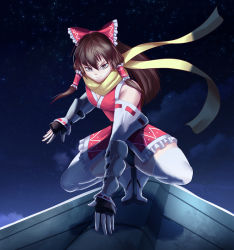 Rule 34 | 1girl, adapted costume, alternate costume, black panties, breasts, brown hair, cloud, detached sleeves, fingerless gloves, frilled kimono, frills, gauntlets, gloves, hair ribbon, hair tubes, hakurei reimu, haryudanto, highres, japanese clothes, kimono, long hair, moonlight, night, night sky, ninja, panties, ponytail, ribbon, ribbon-trimmed sleeves, ribbon trim, scarf, serious, short kimono, sky, sleeveless, sleeveless kimono, solo, stance, standing on roof, star (sky), starry sky, tabi, thick thighs, thighhighs, thighs, touhou, underwear, white thighhighs, wind