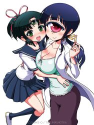 Rule 34 | 2girls, :d, artist name, bandaid, blue hair, breasts, cleavage, cyclops, extra eyes, green eyes, green hair, heart, heart-shaped pupils, hitomi (hitomi sensei no hokenshitsu), hitomi sensei no hokenshitsu, hug, lab coat, large breasts, long hair, manaka hitomi, manaka mitsumi, mitsumi (hitomi sensei no hokenshitsu), monster, multiple girls, official art, one-eyed, open mouth, pink eyes, ponytail, school nurse, school uniform, shake-o, siblings, sidelocks, simple background, sisters, smile, symbol-shaped pupils, teacher and student, third eye, white background